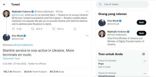 Elon Musk Sanggupi Permintaan Layanan Starlink di Ukraina