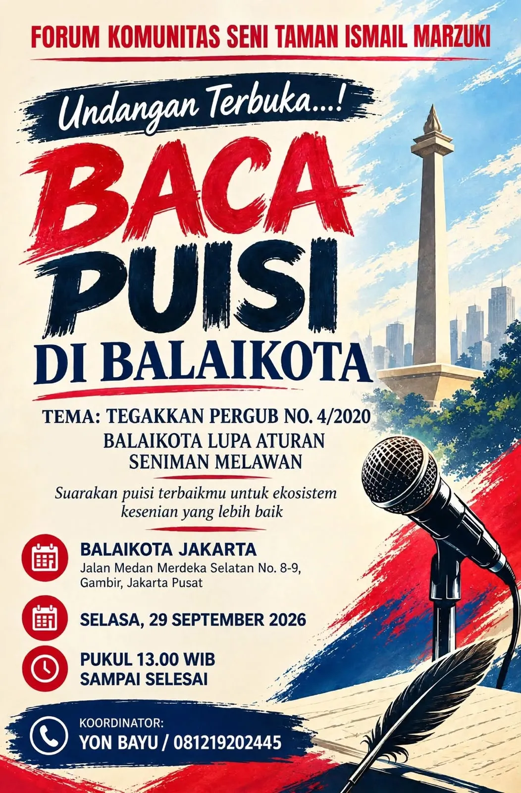 Surat Tak Digubris Gubernur, Seniman Jakarta Gelar Aksi Damai Baca Puisi di Balai Kota
